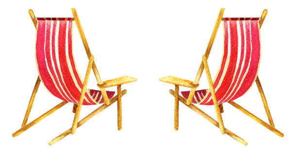 watercolor pair of sunbed, red and white striped deckchairs, sketch with beach chaise longue, summer illustration watercolor pair of sunbed, red and white striped deckchairs, sketch with beach chaise longue, summer illustration. red beach chairs stock illustrations