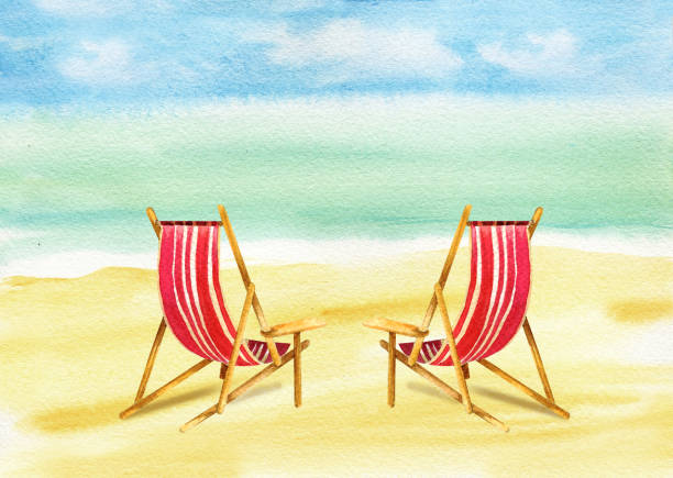 watercolor pair of sunbed on the sea coast, red and white striped deckchairs on the beach, sketch of seascape, summer illustration watercolor pair of sunbed on the sea coast, red and white striped deckchairs on the beach, sketch of seascape, summer illustration. red beach chairs stock illustrations