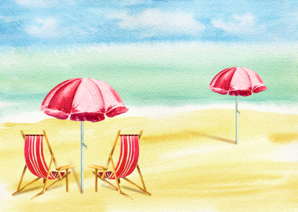 watercolor sunbed and sun umbrella on the sea coast, red and white striped deckchairs on the beach, sketch of seascape, summer illustration watercolor sunbed and sun umbrella on the sea coast, red and white striped deckchairs on the beach, sketch of seascape, summer illustration. red beach chairs stock illustrations