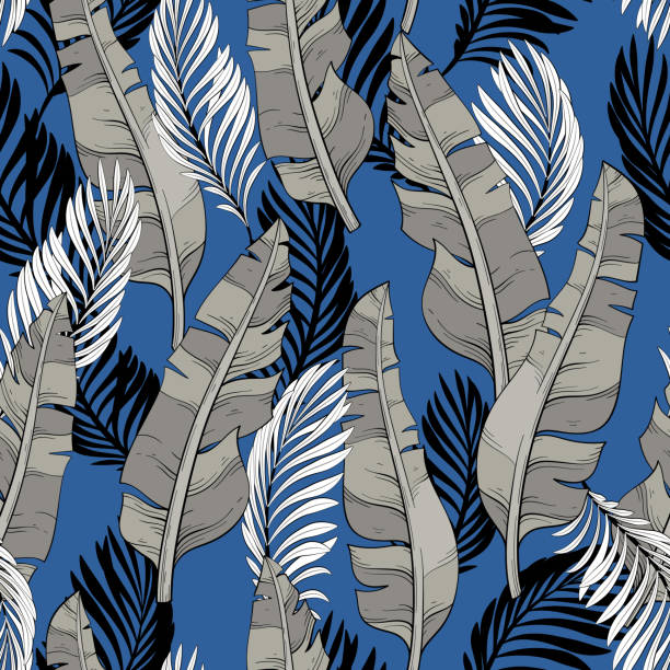 pattern of tropical leaves of palm and banana vector art illustration