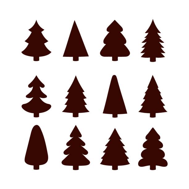 ilustrações de stock, clip art, desenhos animados e ícones de set of silhouettes of christmas trees, cartoon style, vector illustration, isolated on white background - christmastree christmas tree christmas tree