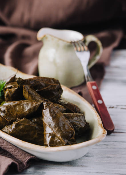 istock Dolma cabbage rolls grape leaves with filling and white sauce 1489432636
