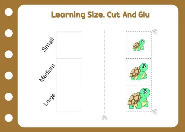Vector illustration of learning size cut and glue cute turtle