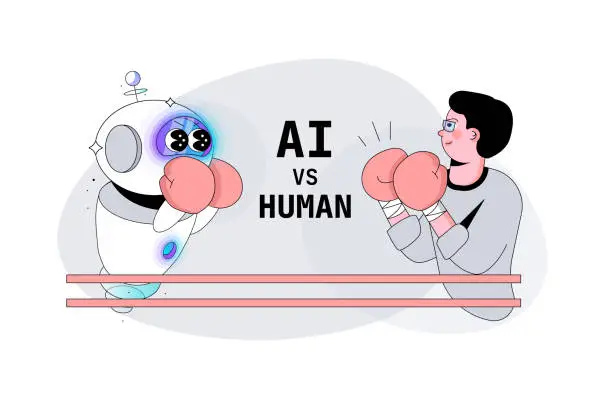 Vector illustration of Ai vs human. Artificial Intelligence Robot versus human fight in the ring. Boxing. Chatbot in boxing gloves fighting against a human