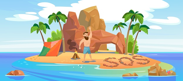 A man with a beard waving, looking for help on an uninhabited tropical island in the ocean after a wreck. A bonfire, a tent and an SOS signal made of stones. Cartoon style vector illustration.
