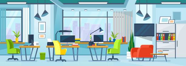 Modern office workspace interior design. Workstation furniture interior concept Modern office workspace interior design. Inside a neat empty co-working with workplaces: desk, computer, monitor, chair. Workstation furniture interior concept. Cartoon style vector illustration. corporate office cubicle stock illustrations