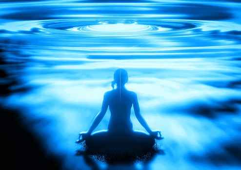 Silhouette illustration of a woman meditating on blue ripples in religion concept