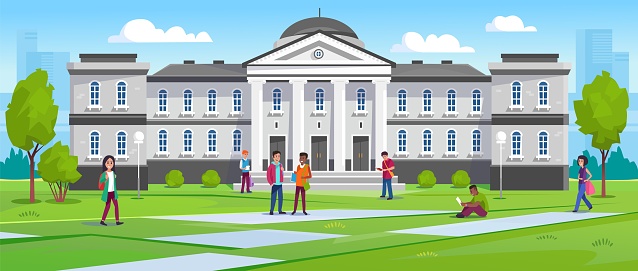 Landscape view of a university with students walking and sitting on the grass at a campus. College or university building in traditional architecture with columns and front yard. Vector illustration.