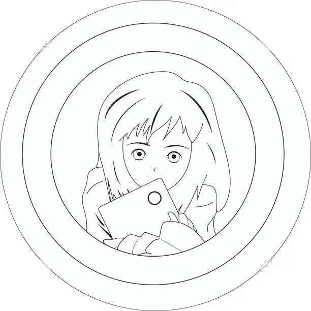Vector illustration of the girl holds her favorite tablet in her hands. Black and white. Good emotions. Computer techologies.