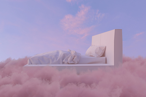 3D rendering of cozy bed over fluffy pink clouds