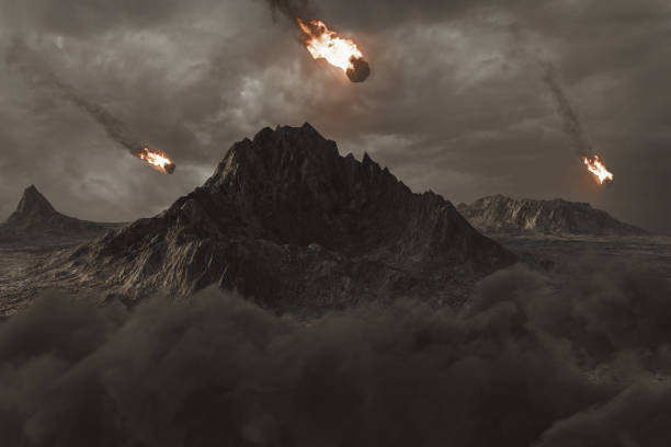 3D rendering of falling fireball meteors on peaked mountains