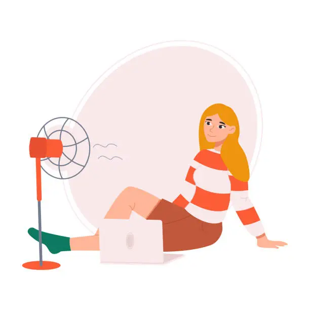 Vector illustration of Girl is sitting on the floor with a laptop and a fan. Girl with ventilation equipment in hot weather.