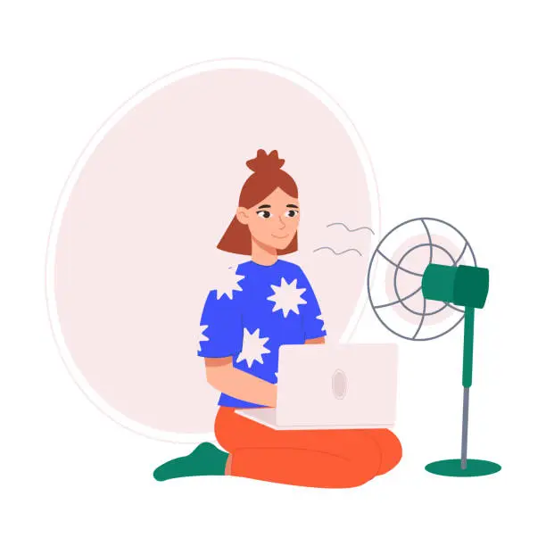 Vector illustration of Girl is sitting on the floor with a laptop and a fan. Girl with ventilation equipment in hot weather.