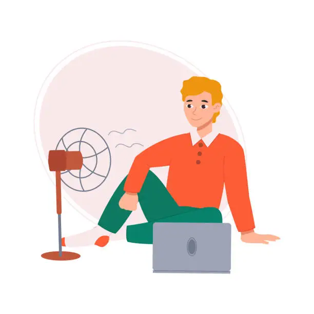 Vector illustration of Guy is sitting on the floor with a laptop and a fan.