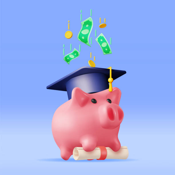 istock 3D Piggy Bank with Graduation Cap, Diploma, Coins 1489440938
