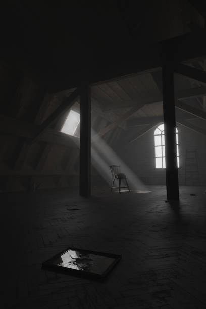 istock 3D rendering of darken empty attic with aged stuff and mystic light through windows 1489441493