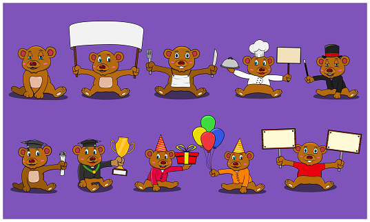 Ten Charaters Bear With Some Model, Purple Colors Background, Mascot, Icon, Character or Logo, Vector and Illustration.