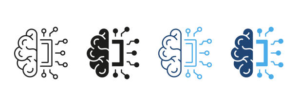 ai innovation concept line and silhouette color icon set. human brain, network chip technology pictogram. artificial intelligence symbol collection on white background. isolated vector illustration - ai stock illustrations