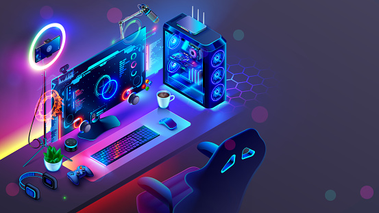 Gaming powerful computer or gamer rig with computer game on screen. Monitor on table in gamer room with neon light in the dark. Gaming PC on workplace. Online video game interface on screen PC.