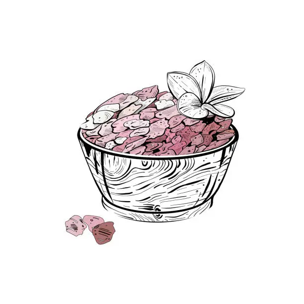 Vector illustration of Vector illustration of set with pink sea cosmetic salt on bowl and magnolia flower on white background. Black outline, graphic drawing in curves. For postcards, design and composition decoration, prints, posters, stickers, souvenirs, tattoos, stamps