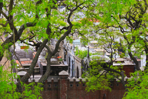 Recoleta Cemetery from above through the green trees. Roofs of mausuleums of the Recoleta Cemetery in Buenos Aires, Argentina.