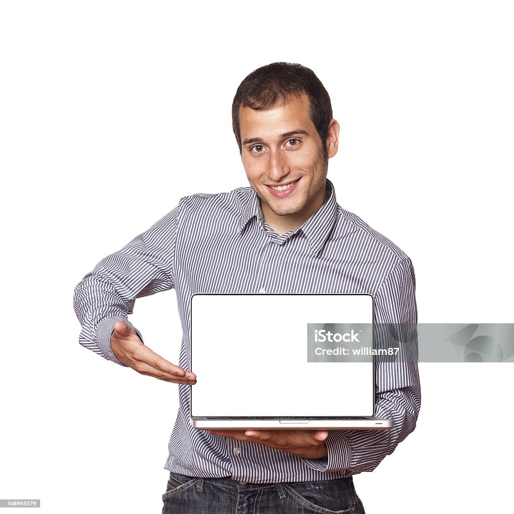 Joven sosteniendo una computadora con pantalla en blanco. - Foto de stock de Adulto libre de derechos