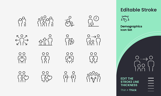 Demographics Icon collection containing 16 editable stroke icons. Perfect for logos, stats and infographics. Edit the thickness of the line in any vector capable app.