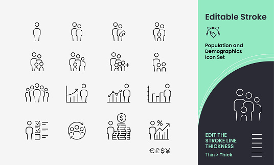 Population and Demographics Icon collection containing 16 editable stroke icons. Perfect for logos, stats and infographics. Edit the thickness of the line in any vector capable app.