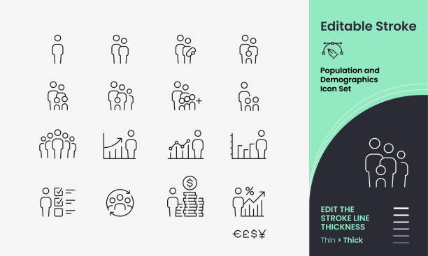 Population and Demographics Stroked Vector Icon Set Population and Demographics Icon collection containing 16 editable stroke icons. Perfect for logos, stats and infographics. Edit the thickness of the line in any vector capable app. number of people stock illustrations