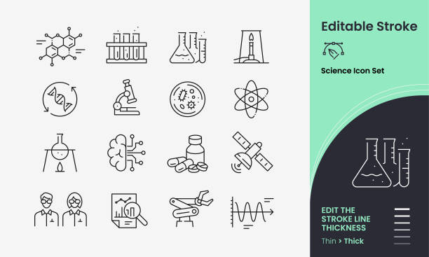 Science Stroked Vector Icon Set Science Icon collection containing 16 editable stroke icons. Perfect for logos, stats and infographics. Edit the thickness of the line in any vector capable app. science research stock illustrations