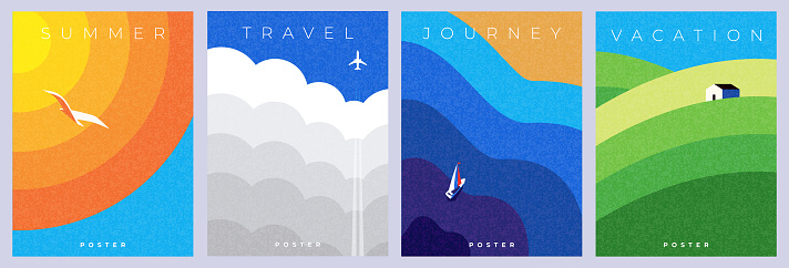 Abstract minimal summer poster, cover, card set with nature landscape, sun, plane in the clouds, yacht in the sea, fields and typography design. Summer holidays, journey, vacation travel illustrations