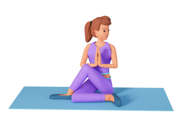 istock Woman doing yoga exercise sitting with stretching legs and join hands 3d illustration isolated on white background. Young woman doing relaxing yoga meditation exercise on mat 3d illustration 1489459151