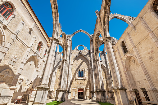 Main nave and arches ruins of the Convent of Our Lady of Mount Carmel. Lisbon, Portugal