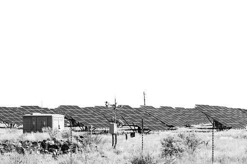 Douglas, South Africa - Mar 1, 2023: Part of the Greefspan Solar Power Station between Douglas and Prieska in the Northern Cape Province. Monochrome