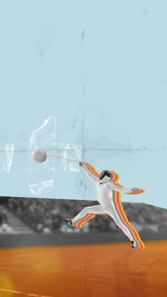 istock Man in uniform training, doing fencing against light background with abstract design elements. Contemporary art collage. Vertical layout. 1489460794