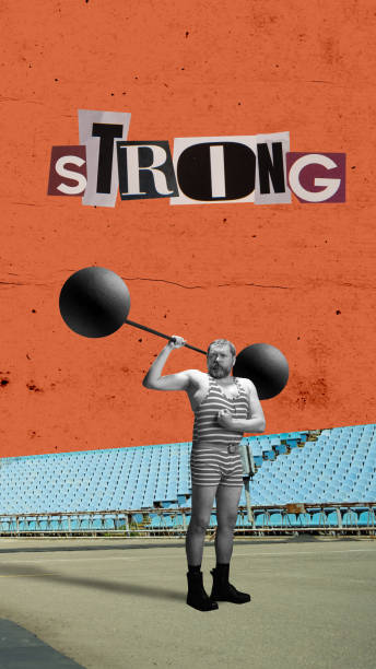 Mature man in striped suit lifting weights, training against abstract background. Performance. Contemporary art collage. Vertical layout.