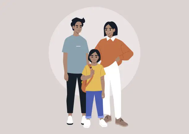Vector illustration of A full length family portrait, a Caucasian couple and their child