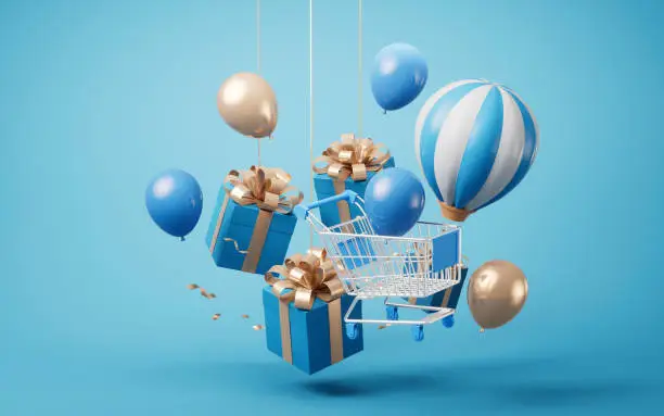 Gift box and shopping cart, 3d rendering. Digital drawing.