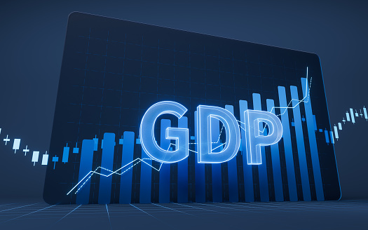 Growth of GDP with statistical graph, 3d rendering. Digital drawing.