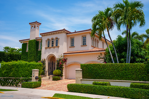 Palm Beach, FL, USA - May 11, 2023: Photo of a luxury mansion home in Palm Beach