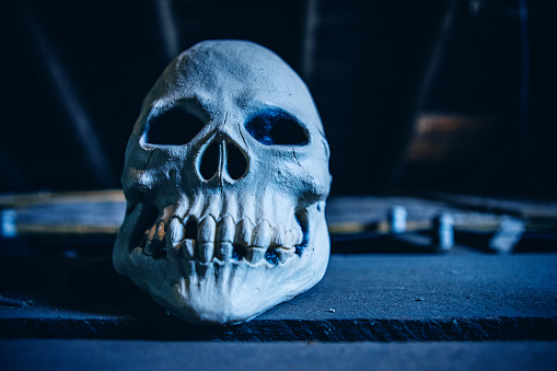 A lone skull in a dark attic at night.
