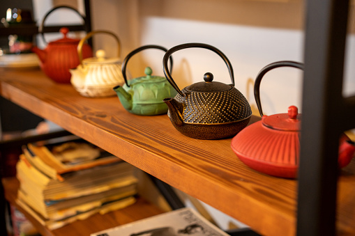 Old teapots on the shelf