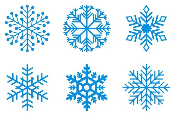 Vector illustration of Contour - Set of ice blue Frosty snowflakes on an isolated white background.