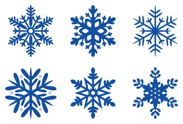 Vector illustration of Set of ice blue Frosty snowflakes on an isolated white background.