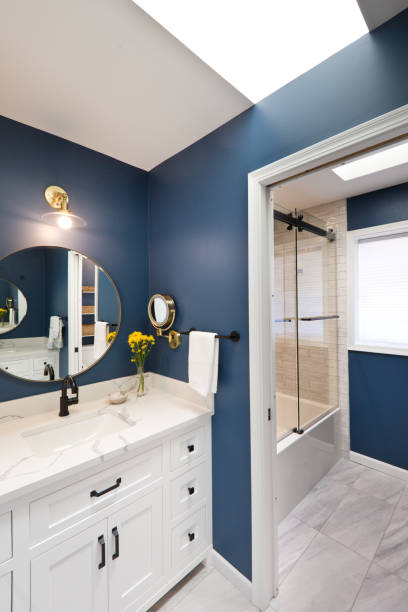 istock Contemporary Bathroom Design with Vanity and Shower Stall 1489473081