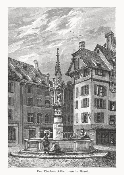 istock Fish Market Fountain (Fischmarktbrunnen), Basel, Switzerland, wood engraving, published 1877 1489473239