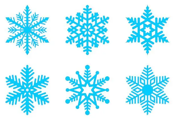 Vector illustration of Contour - Set of ice blue Frosty snowflakes on an isolated white background.
