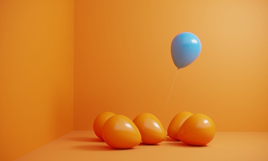 Rising blue colored balloon between the orange colored balloons. (3d render)