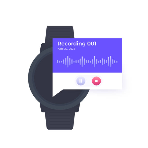 illustrazioni stock, clip art, cartoni animati e icone di tendenza di registrazione audio in smart watch, design dell'interfaccia vettoriale - note pad audio