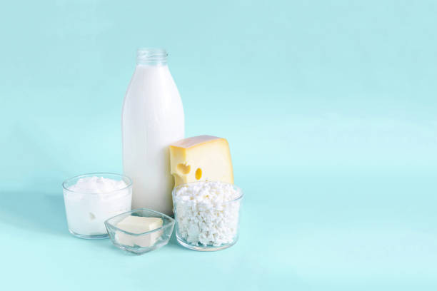 istock Milk and milk products close-up on a light background 1489476317